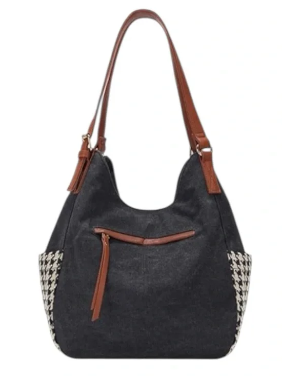 Black & Cream Houndstooth Shoulder Tote with Brown Leather Straps NWT - Picture 4 of 6